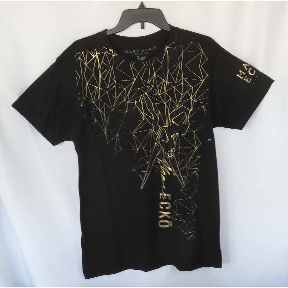 New MARC ECKO Cut & Sew Men's Sz S Black w/ Gold Embossed Graphic Design Shirt